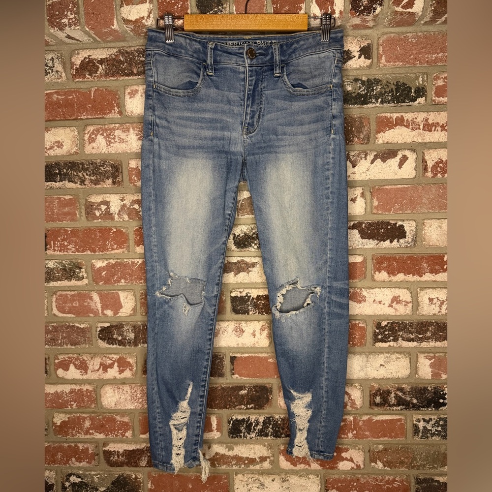 American Eagle Outfitters Light Blue Distressed Next Level Stretch Skinny Jeans